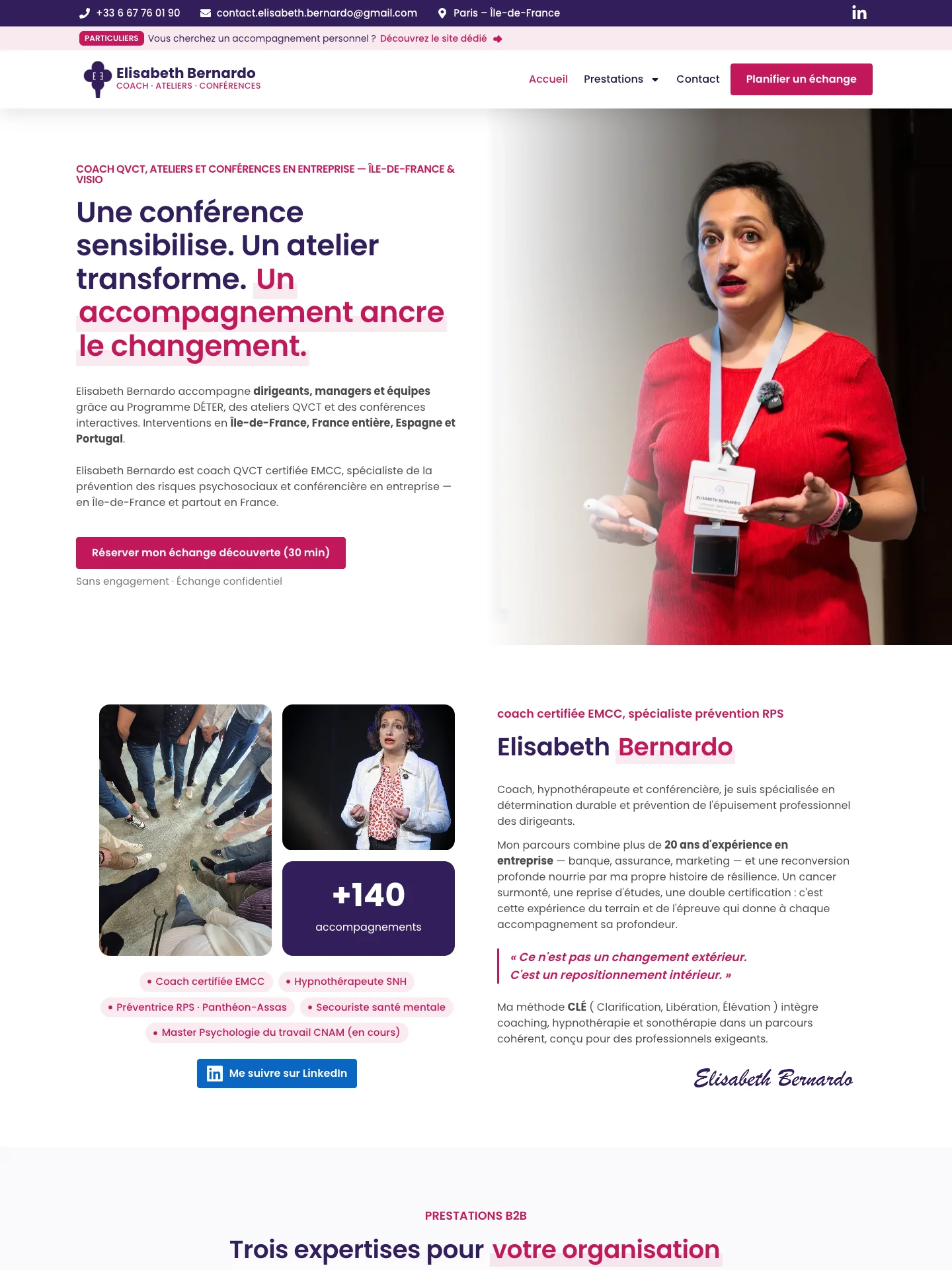 Site WordPress d'une conférencière en qualité de vie au travail affiché sur ordinateur