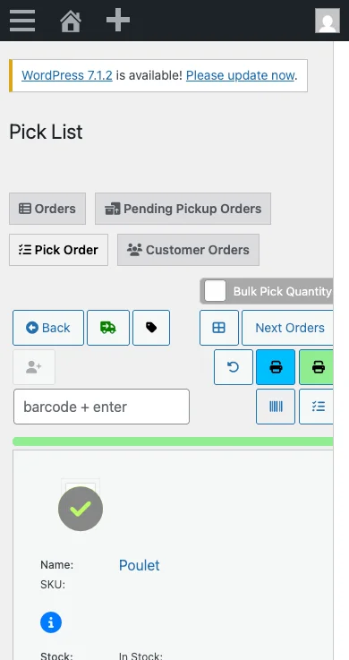 Outil de préparation de commandes WooCommerce avec lecture des codes-barres à poids variable affiché sur mobile