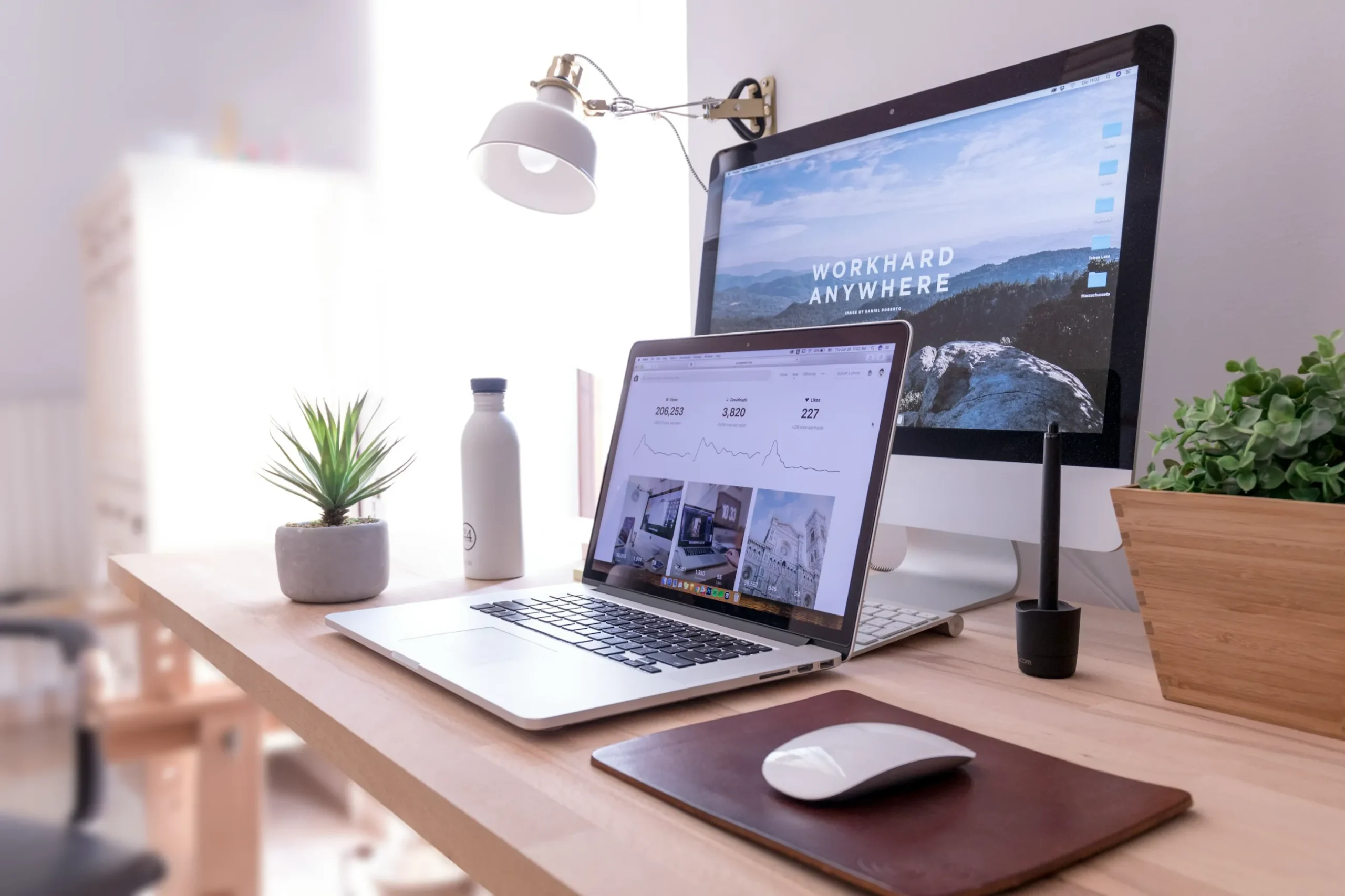 Bureau lumineux avec un ordinateur portable, un écran et une plante verte